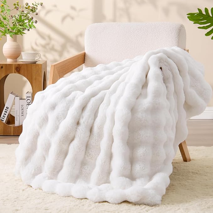 BEDELITE Faux Fur Throw Bubble Blanket for Couch, 60" x 80", White | 870GSM Soft Cozy Plush Blanket for Sofa & Bed Living Room Decor, Warm Fuzzy Faux Rabbit Fur for Women Gift, All Season Use