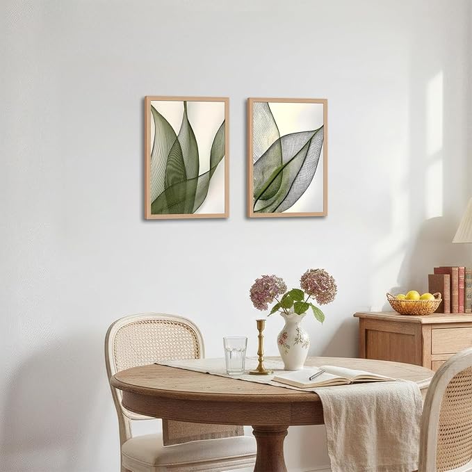 Green Leaf Wall Art Set of 2, Boho Botanical Framed Canvas Prints | Minimalist Botanical Plant Prints, for Living Room Bedroom Office 12x16 Inch
