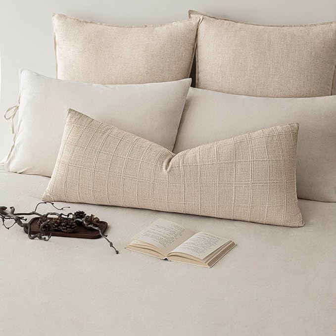 Foindtower Set of 2 Decorative Linen Check Throw Pillow Covers Neutral Long Body Lumbar Cushion Covers Farmhouse Vintage Home Decor for Sofa Chair Couch Bedroom Living Room,14×36 Inch,Natural Linen