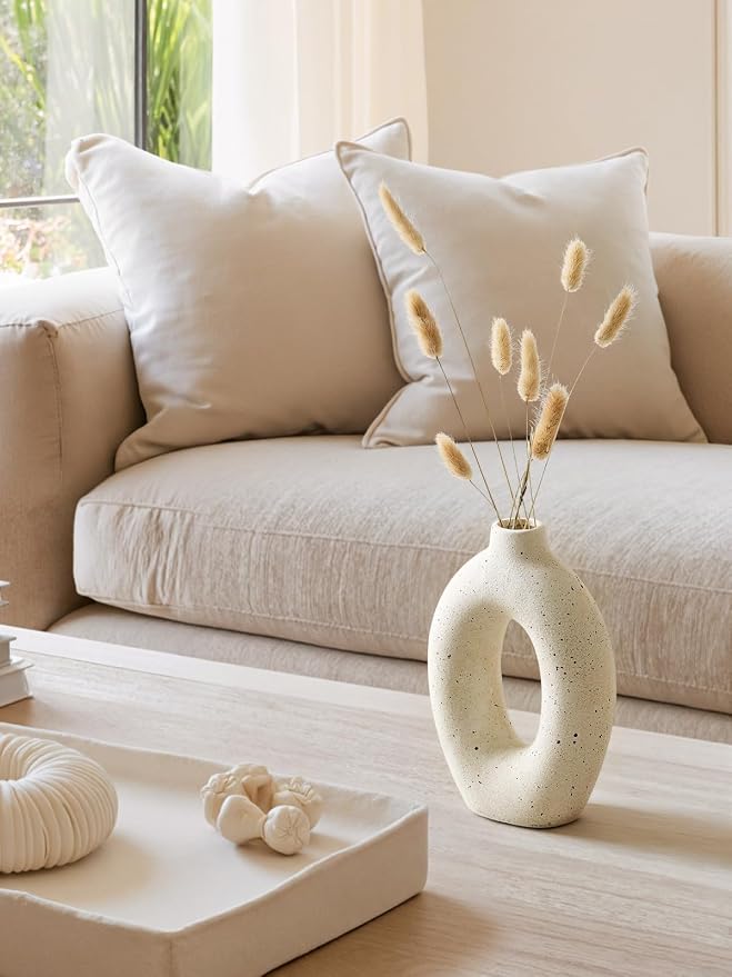 LE TAUCI Ceramic Vases Set of 2, Cream Hollow Donut Flower Vases, Nordic Boho Decor Decorative Centerpiece for Living Room, Table, Shelf, Mantel, Warm Ivory Speckled (H10.5”xW8.5”)