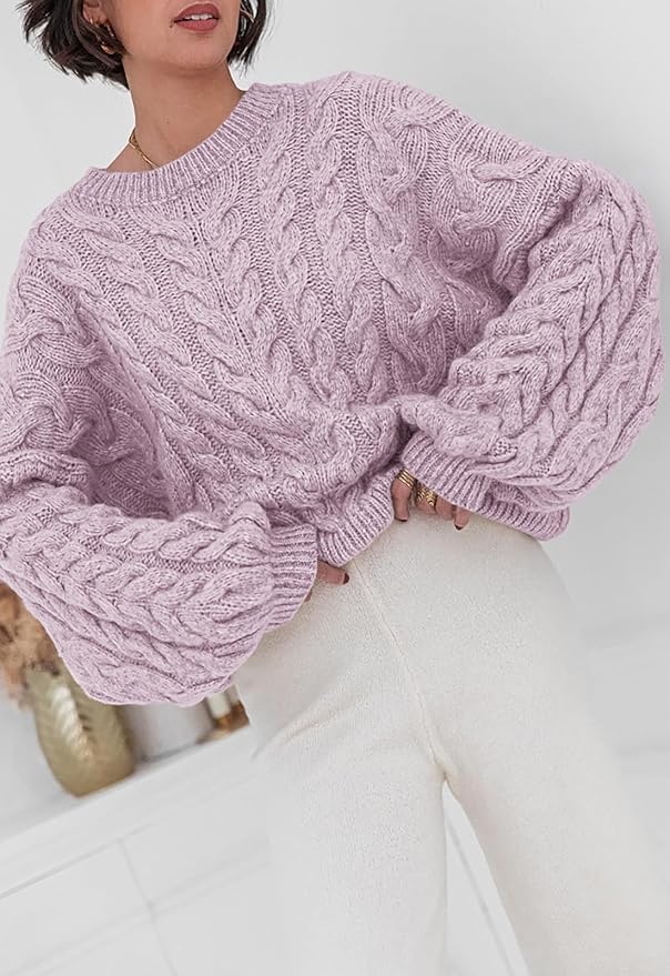 PRETTYGARDEN Womens Sweaters Spring 2026 Cable Knit Long Sleeve Crewneck Oversized Sweater Chunky Pullover Loose Outfits