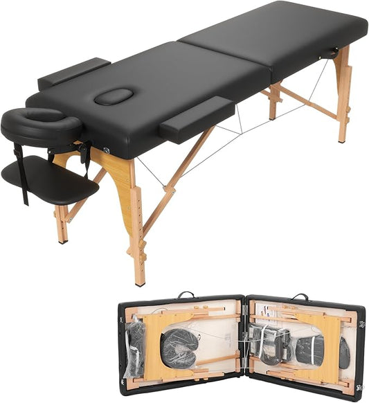 Massage Table, Portable 2 Section Foldable Tattoo Bed, Height Adjustable Lash Spa Bed with Face Cradle, Home Light Weight Facial Salon Bed with Wood Frame, Black