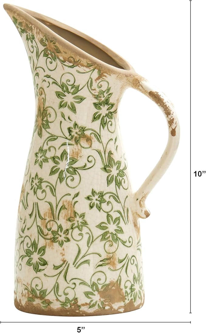 Nearly Natural 10 in Tuscan Ceramic Green Scroll Pitcher Vase | Artisanal Floral Design, Quality Ceramic, Versatile Centerpiece for Mantel or Entryway