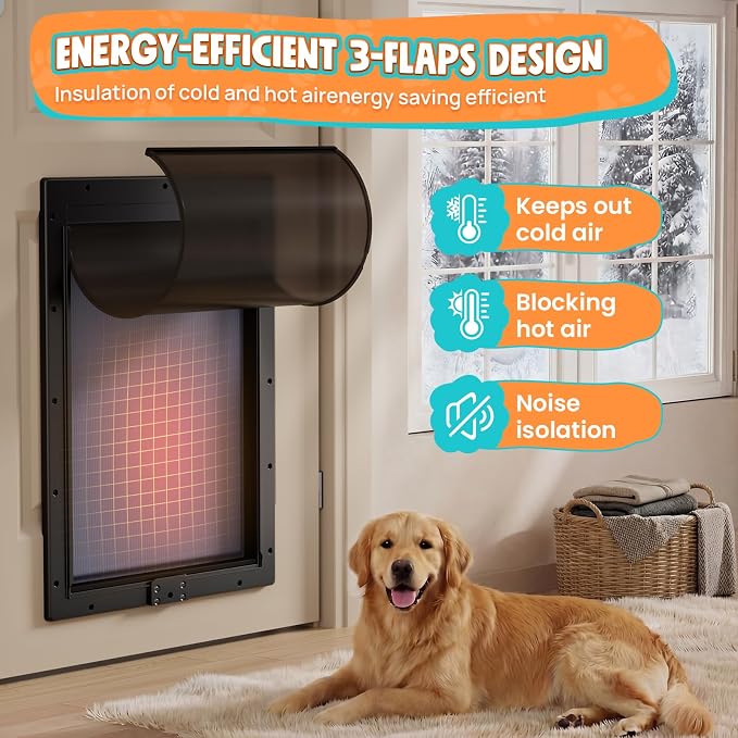 3-Flaps Plastic XL Dog Door for Door, Pets Up to 220 lb | Upgraded Aluminum Locks & Metal Screws, Insulated Flap, Closing Panel, Easy Install for Interior & Exterior Doors
