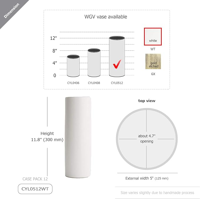 WGV Ceramic Cylinder Vase Width 5" Height 12" Elegant Unique Modern Matte Floral Container Planter Pot Centerpiece for Event Party Wedding Office Home Decor, Smooth White 1 Piece