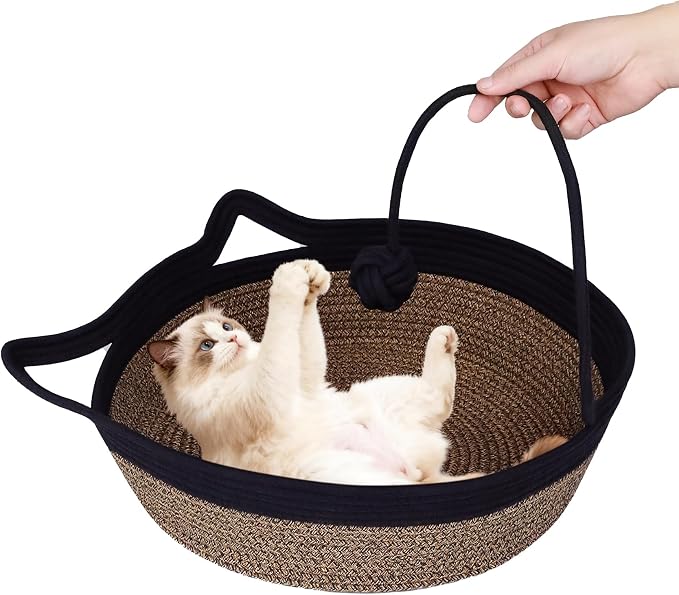 Cat Bed, Cotton Rope Instinct Basket for Cats, Handwoven Cat Beds | Stimuli Handwoven Basket for Cat, Pet Sleeping Bed with Rope Ball, Puppies, Rabbits and Small Pets (Medium, Black & Brown)