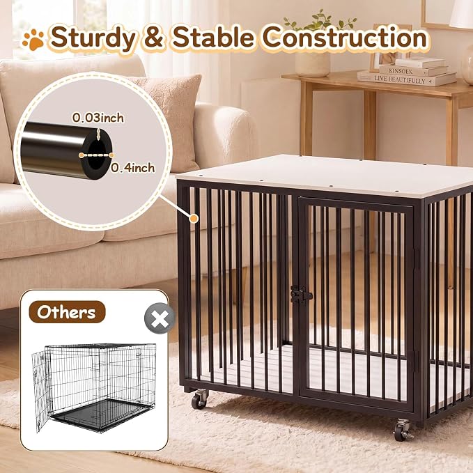 37" Dog Crate Furniture, Wooden Dog Kennel Indoor with Storage (White) | Heavy Duty Pet Cage Indoor for Small & Medium Dogs, Dog Kennel with Storage Shelf, 4 Lockable Wheels and Stairs, Loft-Style