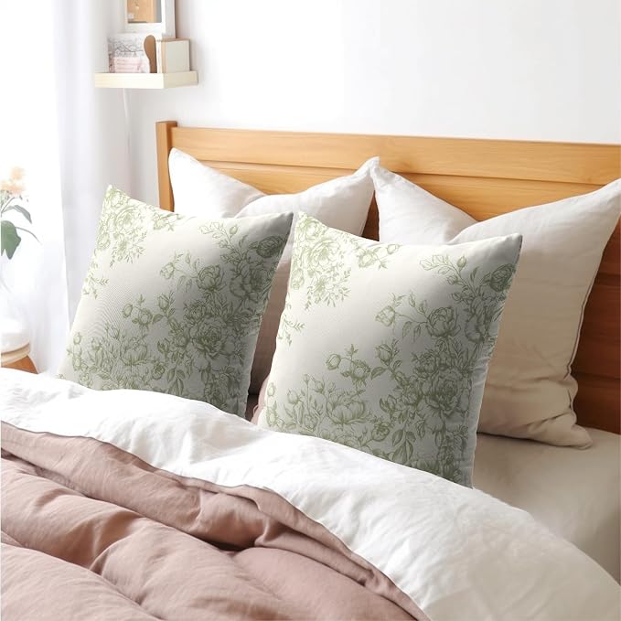 Kawani Chinoiserie Floral Throw Pillow Covers 22x22 Set of 2 Oriental Vintage Green Flowers Decorative Square Pillow Cases Cotton Linen Cushion Cover for Bedroom Sofa Couch Home Decor