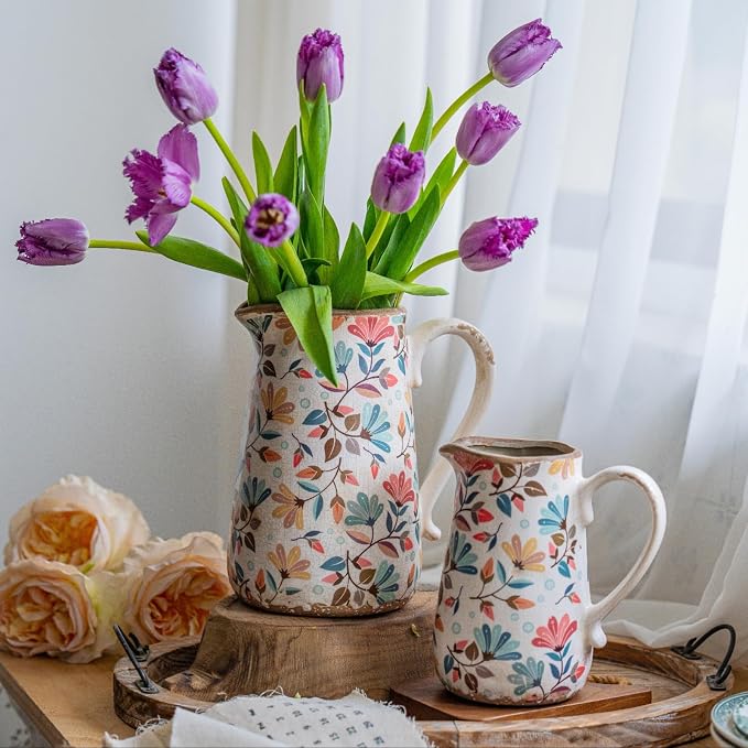 Vintage Colorful Flower Ceramic Vase with Handle, Retro Ice Glazed Crack Farmhouse Pitcher Vase for Home Decor, Living Room, Shelf, Office, Rustic Table Centerpiece 7 Inch