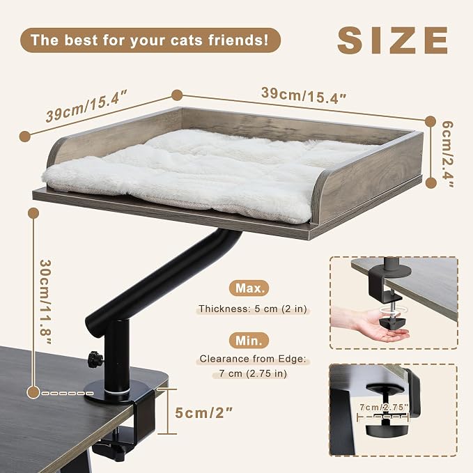 PAWZ Road Cat Desk Bed 360°Rotating Supports to 50 Lbs Cozy Nest for Desk | Wooden Desk Mount Cat Bed with Sturdy Clamp – Fits Desks & Tables, Padded Soft Nest for Cats, Holds Up to 50 lbs