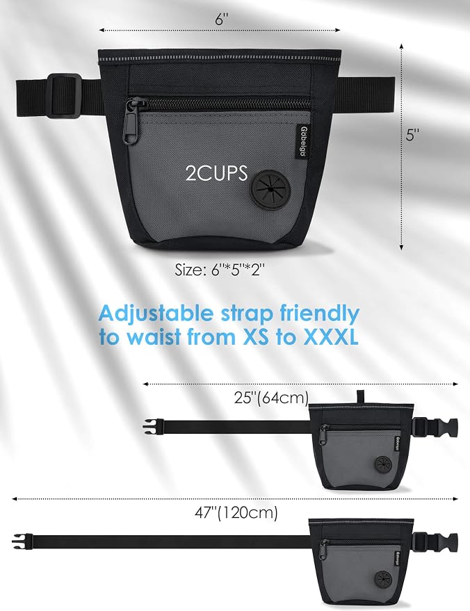 Gobeigo 2 Cup Dog Treat Pouch with Training Clicker(Black/Gray) | 2 Pair Magnetic Closures, Zipper Pocket with Poop Bag Holder, Waist Belt & Metal Clip to Wear for Pet Training/Daily Walking