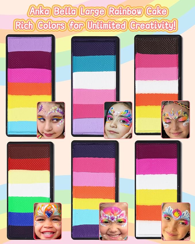 Anka Bella Professional Water Activated 6x30gm Face Paint for Kids & Adults,Washable Non toxic Rainbow Cake Face Painting Kit with Stencils & Brushes Ideal for Easter/Parties/Halloween/Carnival