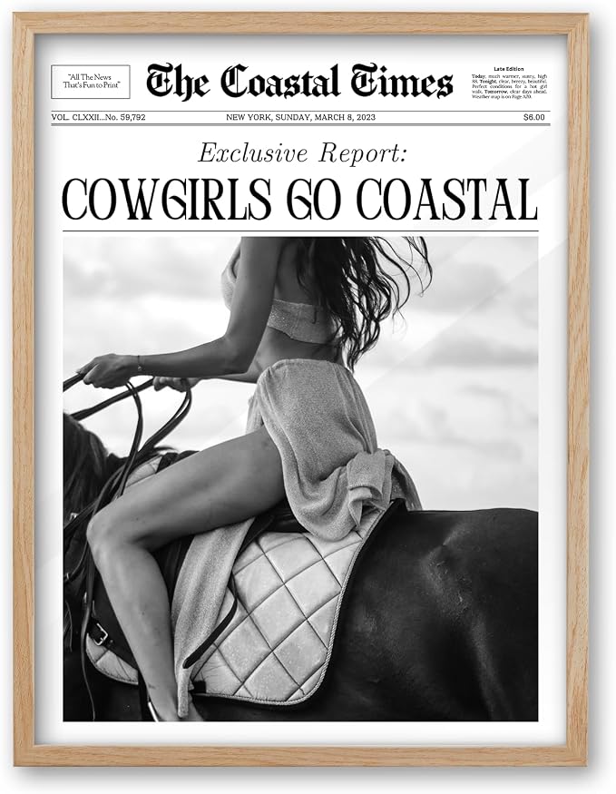 iHery 8x10in Cowgirls Go Coastal Framed Newspaper Wall Art | Natural OAK Wood Frame with Canvas Print, Western Horseback Decor for Bedroom, Dorm, Living Room and Gallery Wall, 1Pack