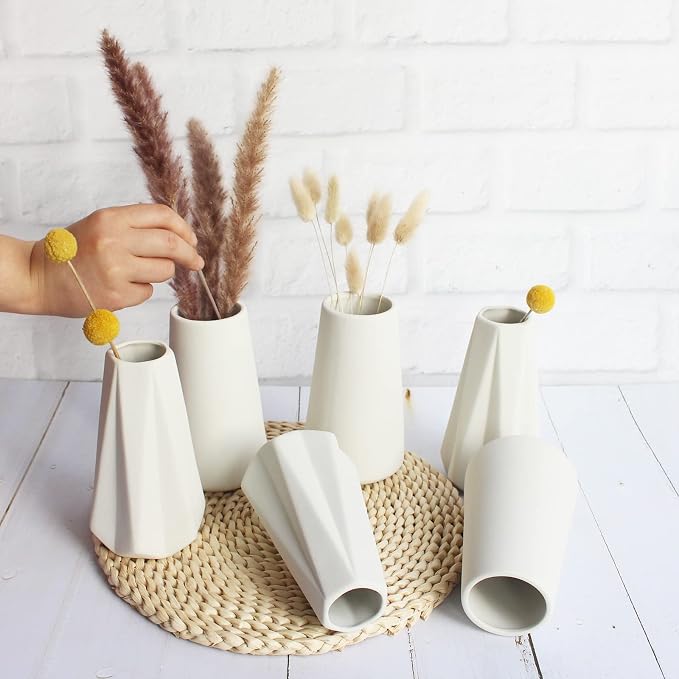 YANLING 6 Pack White Ceramic Vases for Home Decor, 6 Inch Modern Vases | for Centerpieces Pampas Grass Table Vase, Boho Vases for Flowers Decor, Wedding Dinner Party