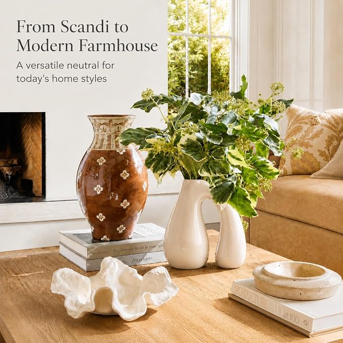 Cream White Ceramic Vase for Pampas, Boho Shelf & Table Decor | Holds Dried Stems and Faux Florals - Sculptural Accent for Mantel, Console and Entryway
