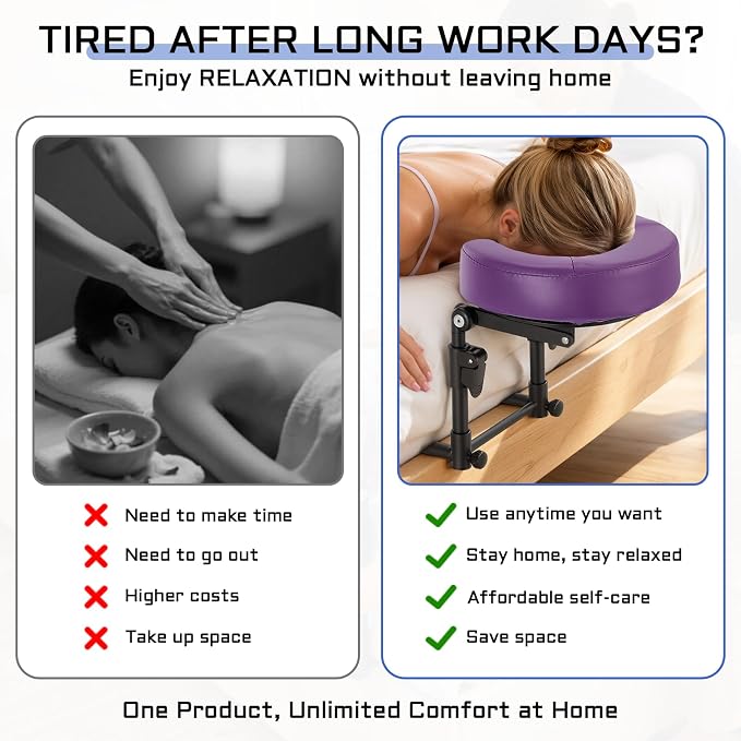 Massage headrest for Bed with Storage Bag Mattress Top Massage Kit | Adjustable Massage Face Cradle at Home for Massage SPA Foldable & Portable Face Down Pillow After Eye Surgery (Purple)