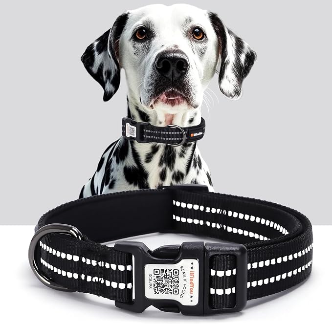 Personalized Dog Collar with QR Code Dog Tag, Black L | Anti-lost, 1000D nylon, reflective, padded, XS-L(8"-24"), QR buckle shares lost pet profile, location alerts when scanned