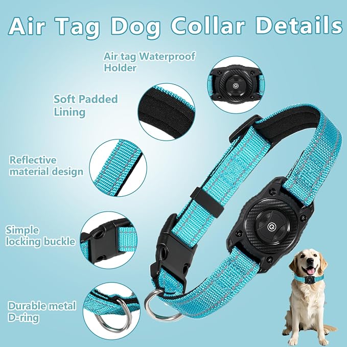 Smart Tracker Dog Collar, Waterproof Dog Collars Holder with Tracker Tag for Apple Find My (iOS Only) Reflective Pet Dog Collar Tracking for Small Medium Large Dogs (SkyBlue, M)