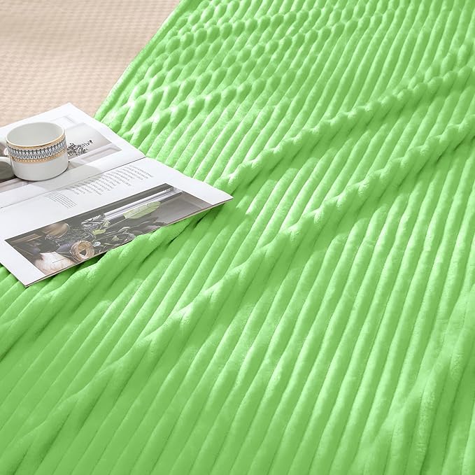 Vessia Flannel Fleece Throw Blanket for Couch,Sofa,Bed, 300GSM Microfiber Green Striped Chair Blanket for Adults and Kids, Super Soft Warm Cozy Lightweight Ribbed Throw for All-Season