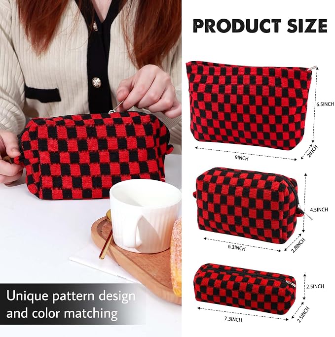 3 Pcs Makeup Bag Cosmetic Bag Set for Girls Women Checkered Travel Organizer Bathroom Toiletry Pouch Large Capacity Storage Bag(Red-Black)