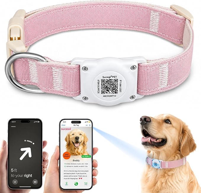 AirTag Dog Collar with QR Code ID, Dog Collar with Air Tag Holder,Pink, XL