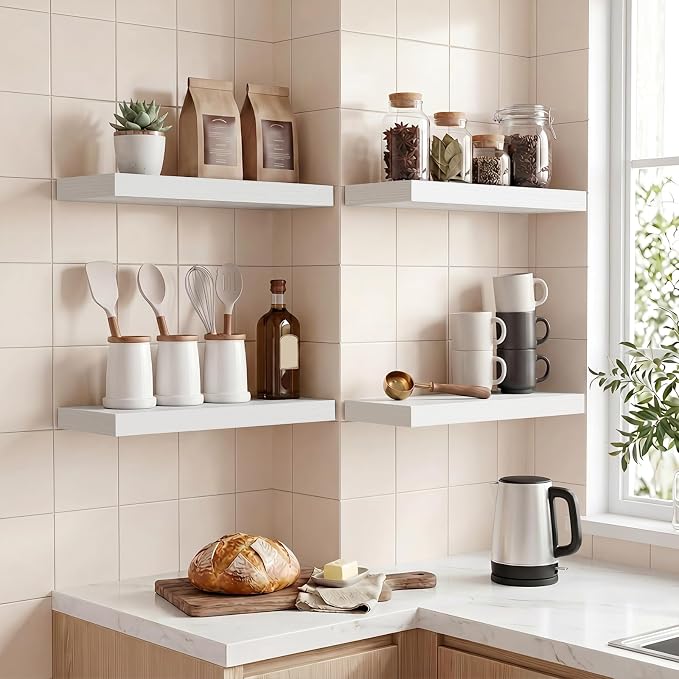 Fixwal Floating Shelves for Wall Decor (White, Set of 4, 15.7 Inch) | MDF Shelves with Metal Brackets, Space Saving for Books, Decor, Works in Bathroom, Kitchen, Living Room, Bedroom