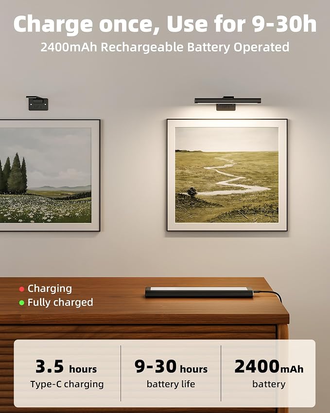 EZVALO RGB Picture Light for Wall, 2400mAh Wireless Rechargeable Color Changing Art Light with Remote, 16 Colors, Dimmable Magnetic LED Display Lights for Painting, Bedroom, Gaming Room (Black-3P)