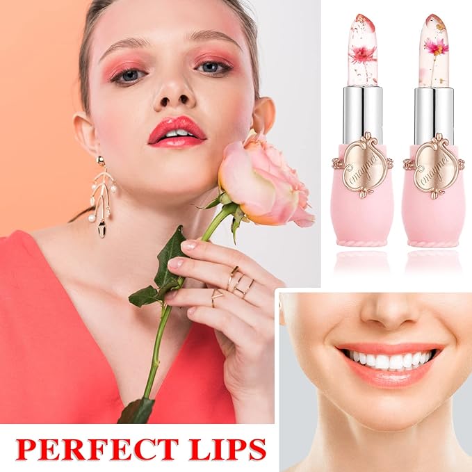 2 Pack Crystal Jelly Flower Lipstick,Magic Temperature Color Change Lip Gloss Lip Stick PH Clear Magic Lipstick Long Lasting Nutritious Moisturizing Lip Balm（Set A）