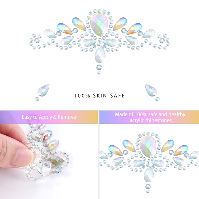 SAOROPEB Face Gems - 6 Sets Mermaid Face Jewels Temporary Tattoo Stickers Acrylic Crystal Glitter Stickers Waterproof Eye Gems Stick On Rainbow Tears Rhinestone for Party, Rave Festival