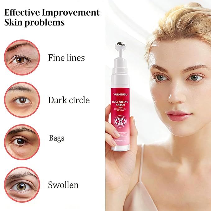 Roll-On Eye Cream with 360° Cooling Roller, Depuffing Gel with Collagen, Hydrating Under Eye Cream Reduce Puffiness, Dark Circle, Fine Lines & Bags, Moisturizing Treatment Serum, 0.5 Oz