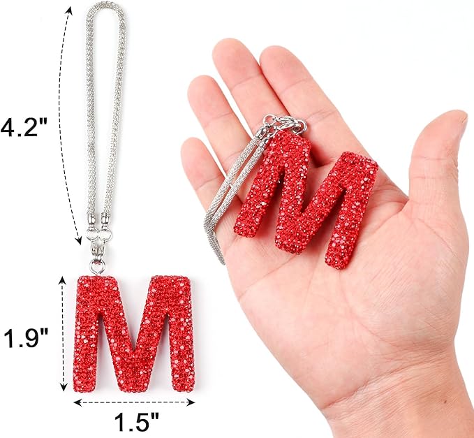 Red Bling Mirror Hanging Accessories, Diamond Crystal Rhinestone Letter M Car Hanging Ornament, Cute Lucky Bling Car Charm for Women (Red,M)