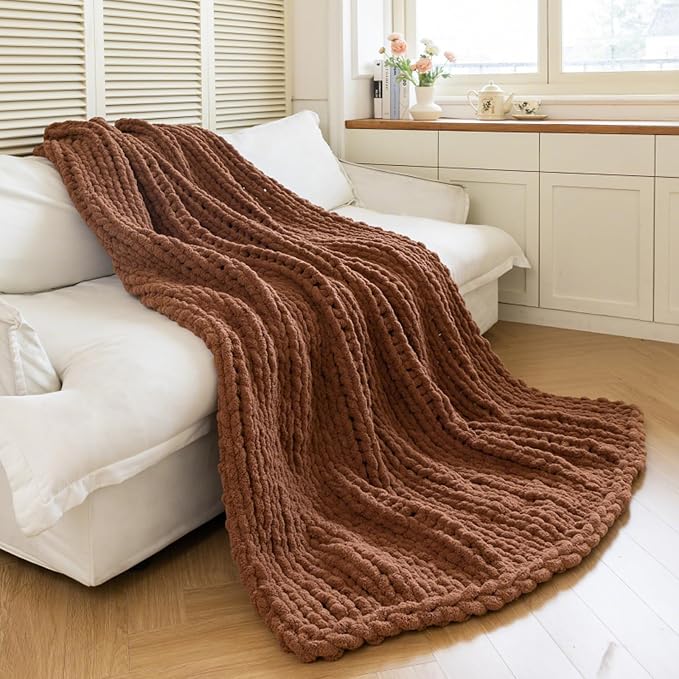 Chunky Knit Blanket - Luxury Soft Cozy 60 * 80 Throw Blanket,100% Woven Blanket Rope Knot Throw Blanket for Couch, Sofa, Home Decor, Gift - Machine Washable (Reddish-Brown, 60 * 80)