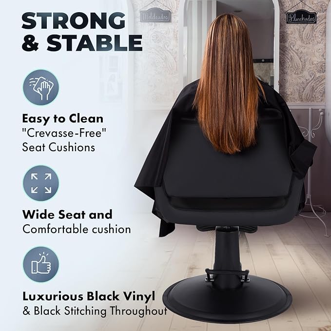 Buy-Rite Capri Styling Chair for Professional Salons & Barbershops - Luxurious Black Vinyl, Black Stitching, Elegant Curved Arms, Crevasse-Free Cushions - YLG-298-1