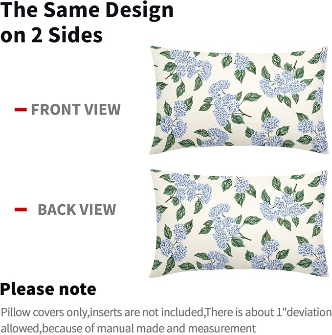 Square Blue Hydrangea Flower Pillow Covers 12x20 Inch Set of 2 Spring Blue Floral Cornflower Throw Pillow Cases Outdoor Linen Square Cushion Cover Farmhouse Decor for Bedroom Home Sofa Couch Bed