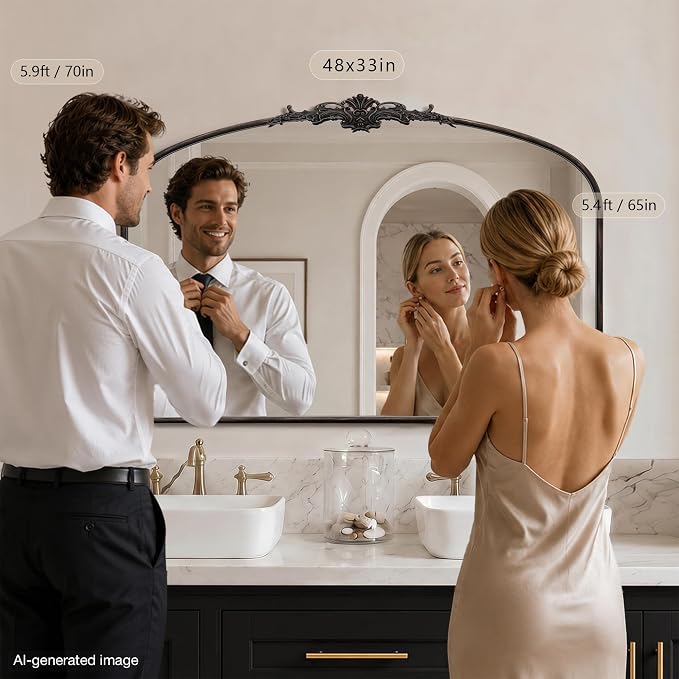 Besdomus Vintage Arched Black Mirror: 48"x33" Oversized Decorative Mirrors | French Baroque Metal Framed - Traditional Ornate for Home Renovation Decor - Ideal for Foyer/Entryway/Fireplace/Living Room