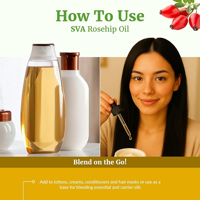 SVA Rosehip Seed Oil 4 Fl Oz - for Face, Skin Care, Hair Care, Scalp Massage & Body Massage – Carrier Oil with Dropper