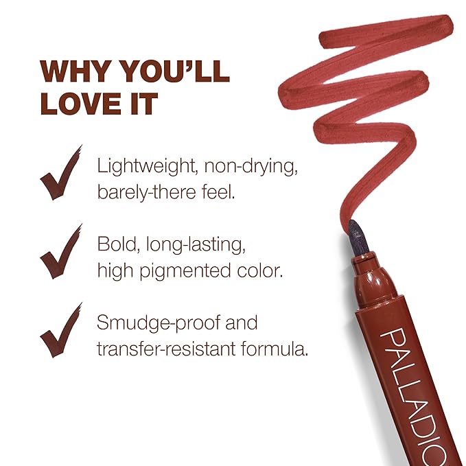 Palladio Lip Stain, Hydrating and Waterproof Formula, Matte Color Look, Long-lasting All Day Wear Lip Color, Smudge Proof Natural Finish, Precise Chisel Tip Marker, Pinky