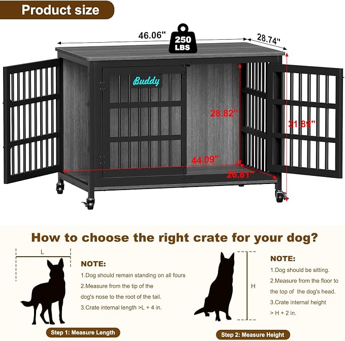 EasyCom 46"/42"/33" XXL Heavy Duty Dog Crate Furniture with Casters | Dog Kennel Indoor with Name Tag, Escape-Proof and Chew-Proof Dog Cage for Large High Anxiety Dog, as End Table