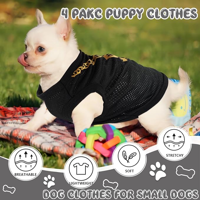 4 Pack Chihuahua Clothes Dog Clothes for Small Dog Black Puppy Clothes Soft K9 Security Pattern Dog Shirt Summer Autumn Pet Clothing (X-Small)