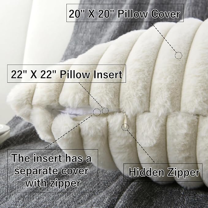 Decorative Throw Pillow with Inserts, Set of 2 Soft Faux Fur Throw Pillows, Square Boho Striped Pillow for Couch, Bed, Sofa Decor (Beige, 20" x 20"(Pack of 2))