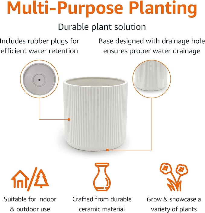 Amazon Basics Fluted Ceramic Planter Pot for Indoor Outdoor Plants, Round Flower Pot with Drainage Hole, 8-inch, White