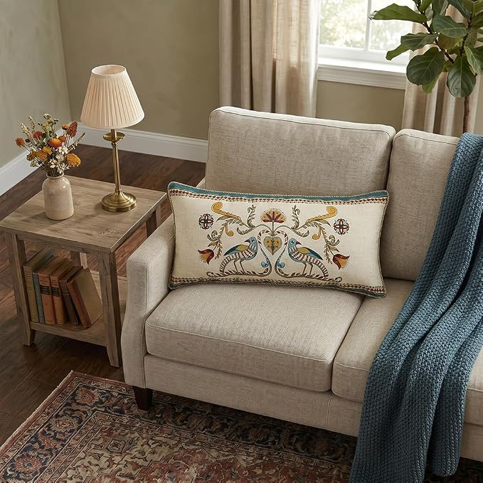 patdrea French Vintage Linen Throw Pillow Cover,12"x28",Set of 2-Wensel C | Decorative Pillow Case,Bird and Floral Pattern,Cushion Coverfor Couch Living Room Bedroom Sofa