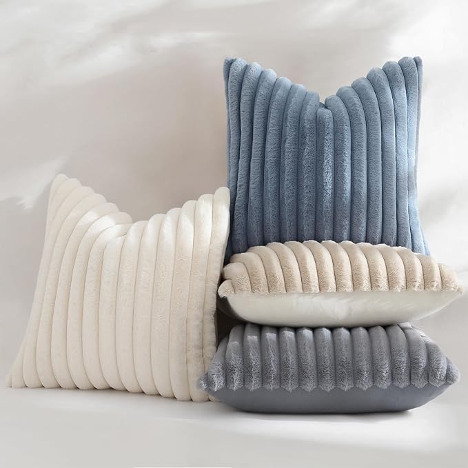 decorUhome Fall Faux Fur Throw Pillow Covers 18x18 Set of 2 Grey | Decorative Soft Cozy Striped Plush Modern Farmhouse Boho Couch Pillow Cases Velvet Back for Sofa Bed Living Room Home Decor