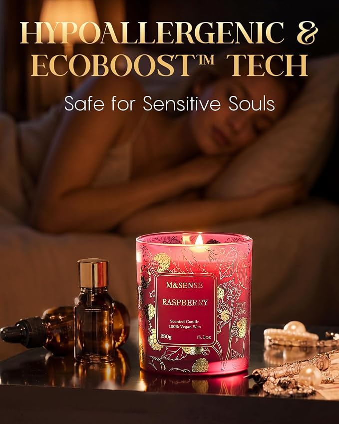 M&SENSE Raspberry Soy Candle, 8.1oz Gilded Glass Winter Gift | 42H Long Burn, Natural Soy Wax, Gilded Glass Jar, Berry Scent, Aromatherapy Calm, Warmer Safe, Reusable Eco Jar