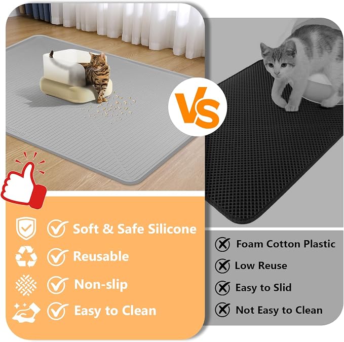 Silicone Cat Litter Mat 45" x 30" Cat Mat for Litter Box, Light Grey | Extra Large Cat Litter Trapping Mat for Floor, Waterproof, Non-Slip Kitty Litter Box Mat with Raised Edge, Easy to Clean