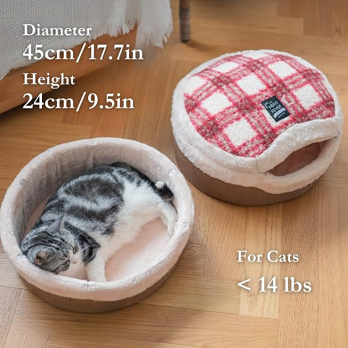 Cat Bed Cave - Enclosed Hideaway with Detachable Lid for Kitten (Brown) | Covered round house, Removable top, Separate liner, Cozy privacy nook, Apartment-friendly shelter, Easy cleaning setup