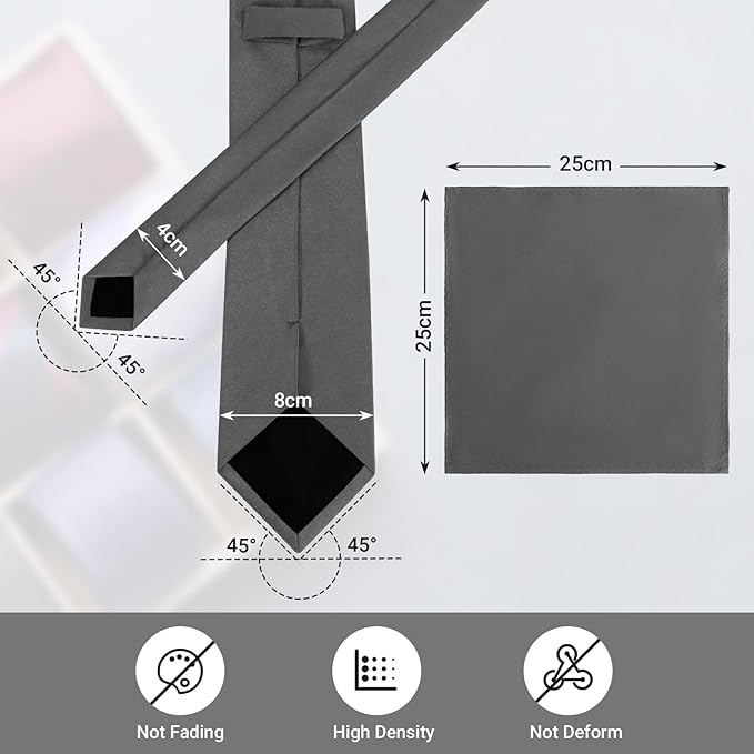Black Tie Set in Gift Box Mens Solid Color 3.15" (8CM) Black Necktie and Pocket Square Set