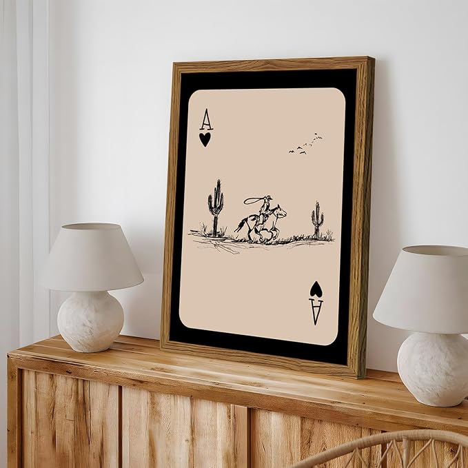 Western Cowboy Wall Art Vintage Southwest Wall Decor Painting, Western Playing Card Canvas Prints, Retro Cactus Sketch Artwork for Bedroom Living Room 24x36 inch Wood Framed