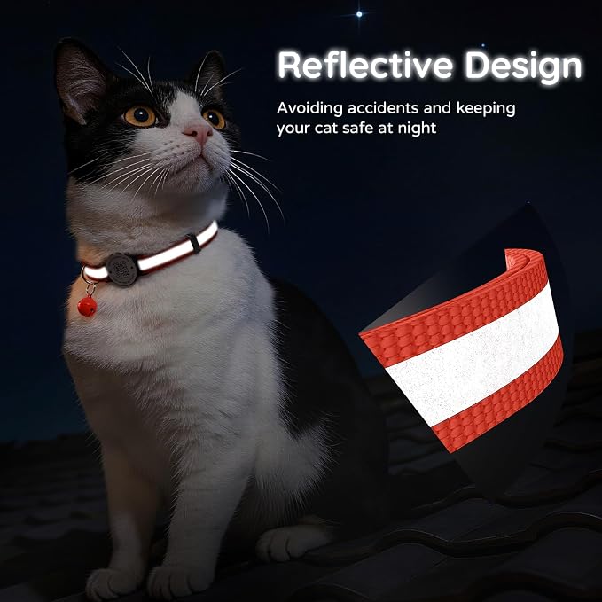 Breakaway Cat Collar QR Code, Reflective Bell, Adjustable Kitten, Red