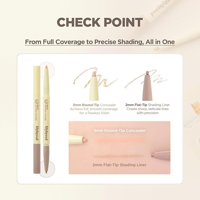 lilybyred Smiley Aegyosal Eyeliner | Korean Aegyosal Highlighter & Contour Pencil, 3-in-1 Multi-Use for Under-Eye, Brows & Lips, 3mm Round & 2mm Flat Tips, Air-Fit Formula, 0.011 oz. (01 Smile Smile)